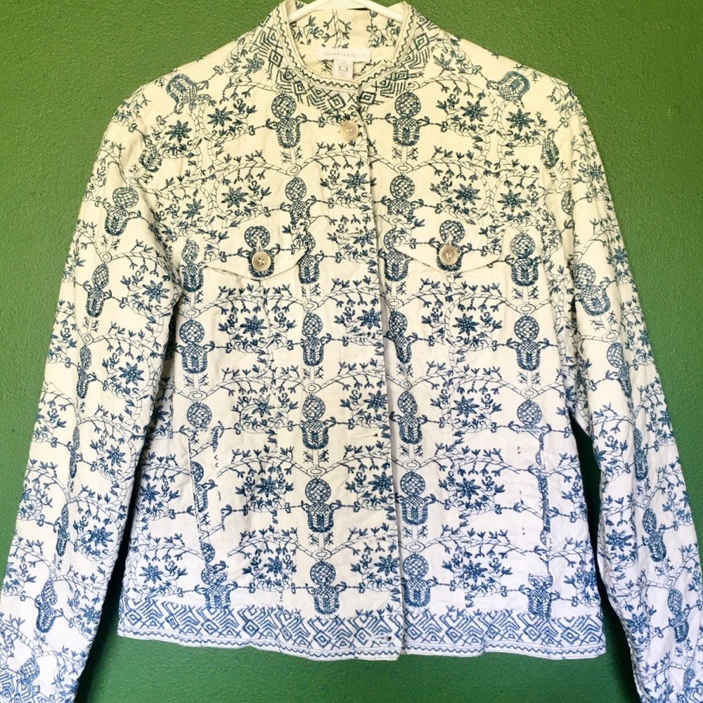 VINTAGE COTTON EMBROIDERED WHITE BLUE JEAN JACKET